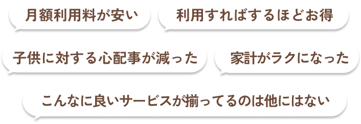 月額利用料が安い／利用すればするほどお得／子供に対する心配事が減った／家計がラクになった／こんなに良いサービスが揃ってるのは他にはない